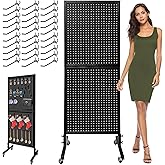Royxen 2 x 5.5 Feet Pegboard with 30 Hooks, Pegboard Display with Wheels, Standing Pegboard Display, Metal (Black)