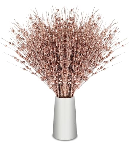 24 PCS Artificial Glitter Holly Berry Stems - Rose Gold Berry Picks For Christmas Tree & Holiday Decor