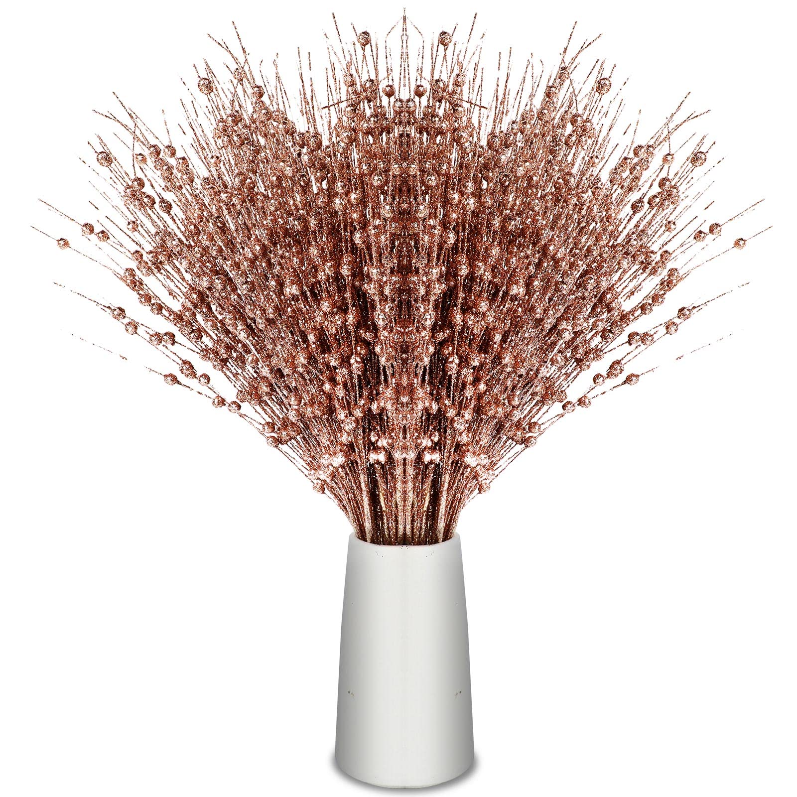 Geosar 30 Pcs Christmas Artificial Glitter Berry Stem Decorations Bead Sticks Pick 17 Inch Christmas Ornaments Glittery Twigs for Christmas Tree Xmas Wreath Vase Filler Home Decor (Rose Gold)