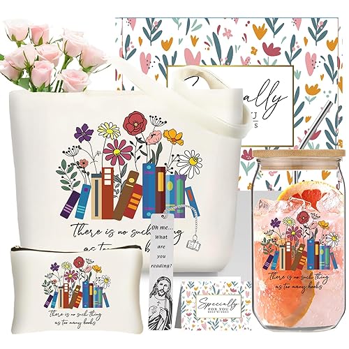 DDOFAH Book Lovers Gifts for Women Canvas Tote Bag for Readers Teacher Appreciation Gifts Set with 16 oz Glass Cup, Bookmark, Christmas Gifts for Mom Grandma Sister