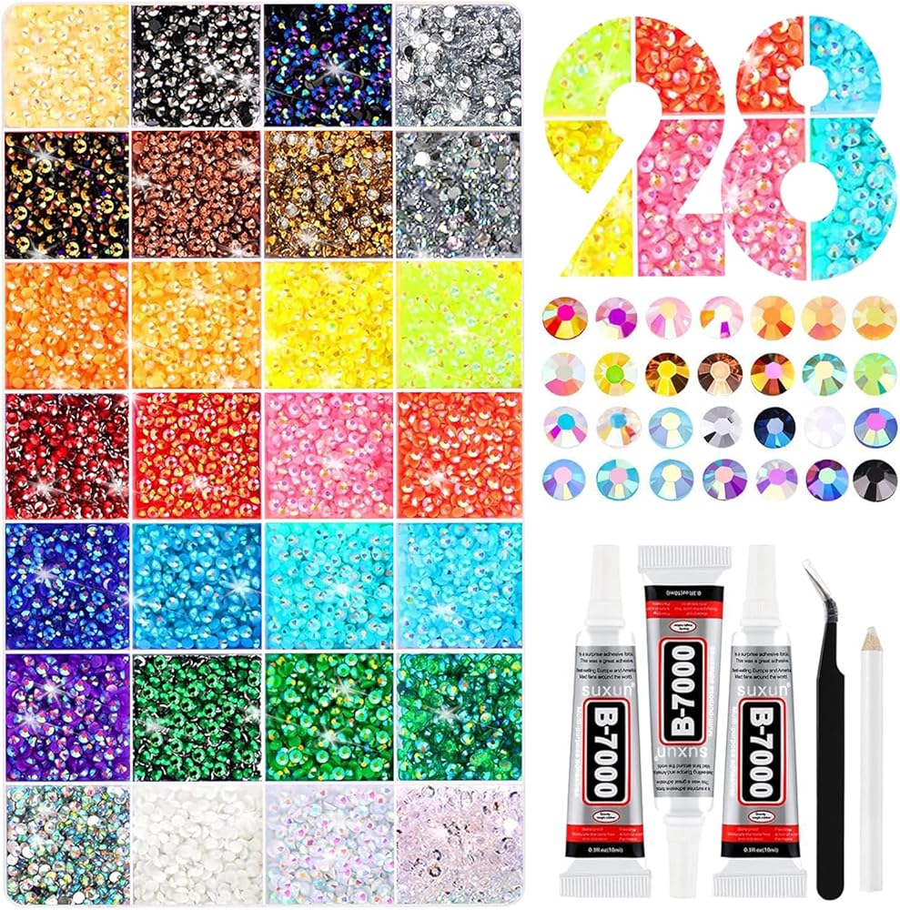 28 Colors Resin Jelly Rhinestone Bedazzling Kit, 3mm 30,000 Decorative Rhinestones for Bedazzling with 3 B7000 Glue Adhesives