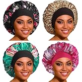 ROYBENS Satin Bonnet Hair Bonnet for Sleeping, Cute Sleep Bonnets for Women | 4 Pack Large Bonnet with Elastic Band, Silk Bonnet for Sleeping Women for Curly Hair Braids Long Hair, Sleep Cap Anti-frizz