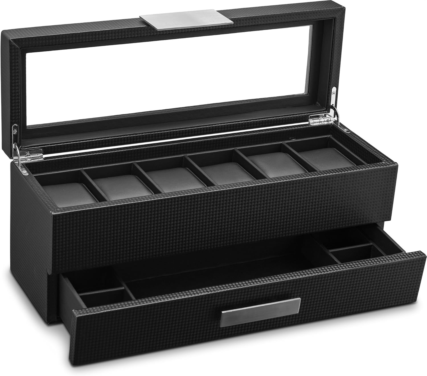 Glenor Co Watch Box with Valet Drawer for Men - 6 Slot Luxury Watch Case Display Organizer, Carbon Fiber Design -Metal Buckle for Mens Jewelry Watches, Men's Storage Holder Boxes has a Large Glass Top: Home & Kitchen