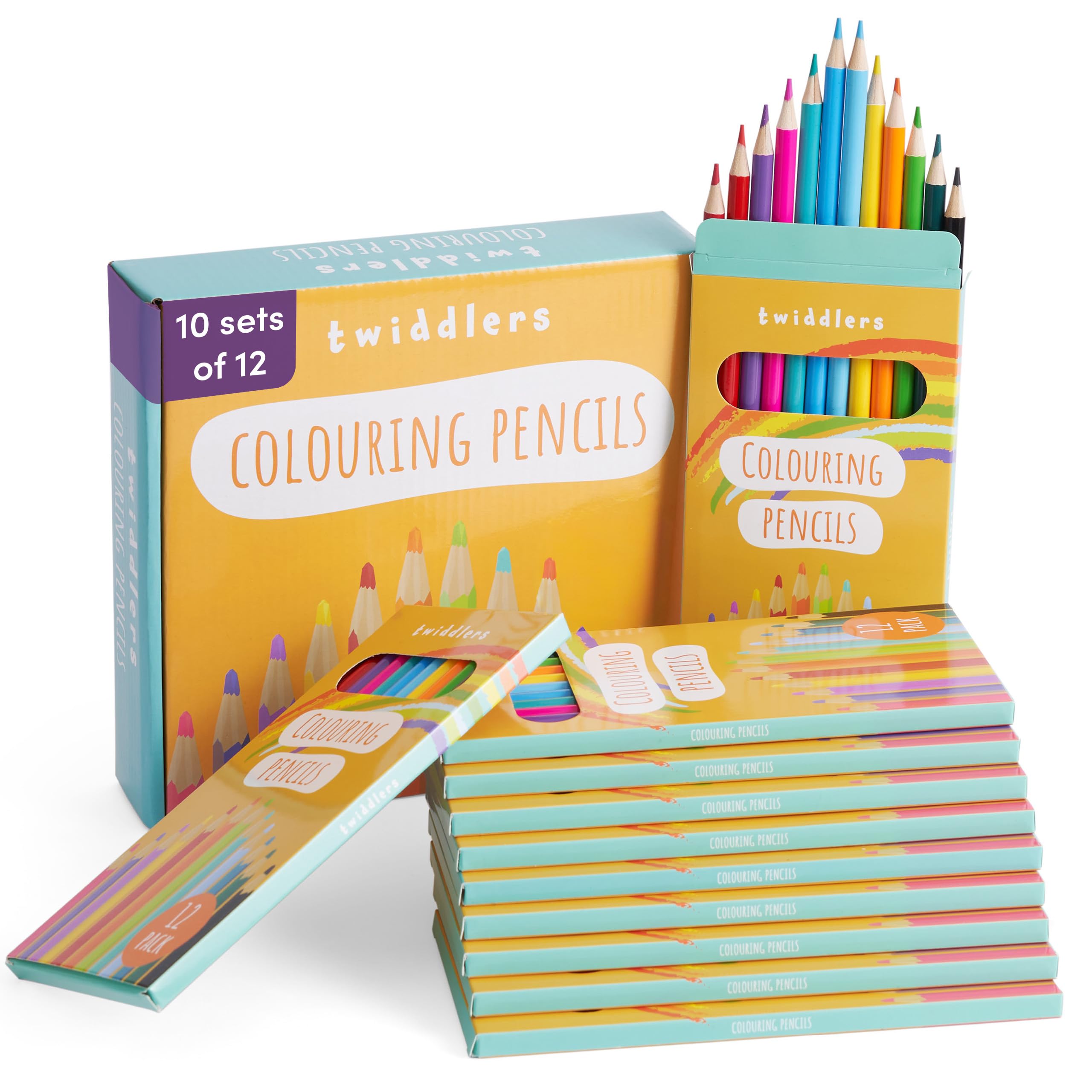 THE TWIDDLERS 10 Boxes of Colouring Pencils, 12 Per Box, 120 Total - 18cm Full Length Multipack Drawing Set School Supplies, Party Favours, Artist Sketching Pencils for Kids & Adults