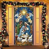 BlissYard Merry Christmas Door Cover 71x35 Inch Front Porch Door Banners Decoration Winter Nativity Scene Angels Baby Jesus Lambs Religious Christmas Style for Sign Party Decor