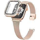 Joyozy Slim Stainless Steel Band Compatible with Apple Watch 38mm 40mm 41mm 42mm 44mm 45mm 46mm Milanese Strap with Bling Glitter Case and Screen Protector, Dressy Bracelet Band for Women (Rose gold 40mm)