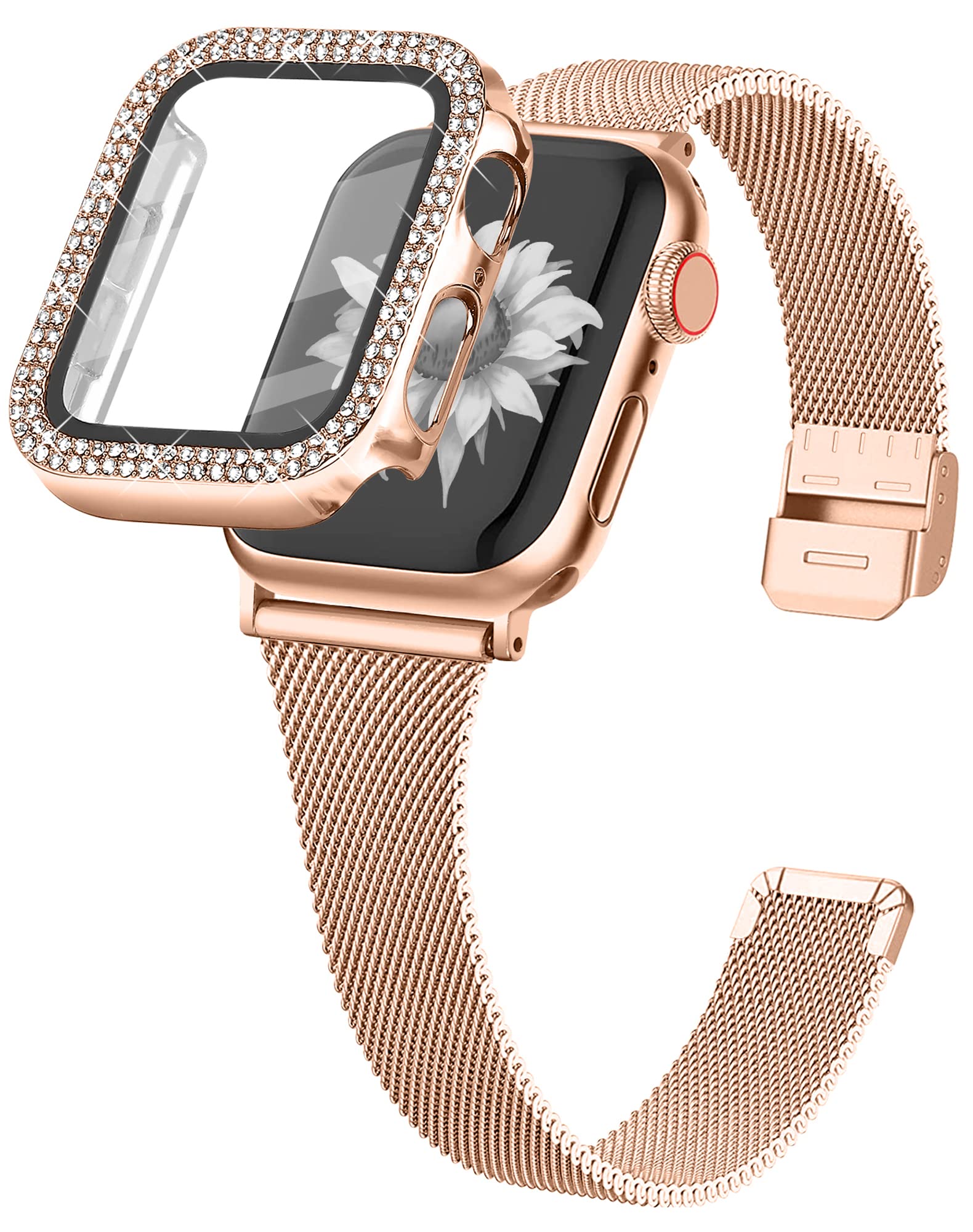 Joyozy Slim Stainless Steel Band Compatible with Apple Watch 38mm 40mm 41mm 42mm 44mm 45mm 46mm Milanese Strap with Bling Glitter Case Built-in Screen Protector Dressy Bracelet Band for Women (Rose Gold 42mm)