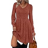 SAMPEEL Womens V Neck Long Sleeve Fall Dresses Baby Doll Casual Sweater Dress Fashion Clothes
