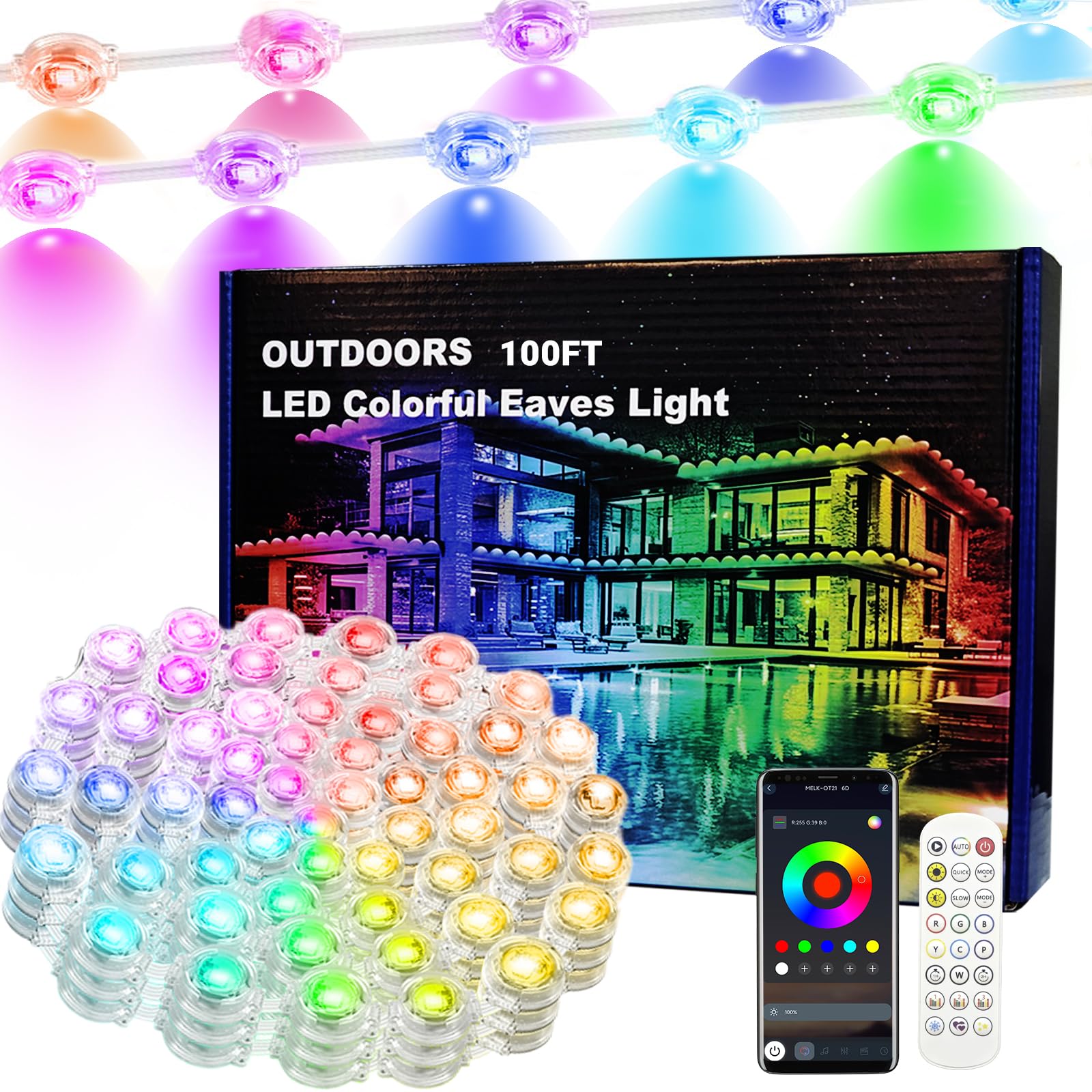 Photo 1 of 100FT Permanent Outdoor RGB Lights - IP67 Waterproof Smart 50 LEDs Eaves Lights with App/Remote Control,for Christmas and All Holiday Decor,Daily and Accent Lighting,House Roof,Garden Lighting