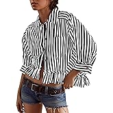 Lenader Women Peplum Button Down Shirts 3/4 Length Sleeve Business Casual Tops Crop Striped Oversized Shirts Blouses Tops