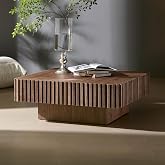 KEIKI 35" Handcraft Drum Square Wooden Coffee Table with Sturdy MDF Pedestal, Modern Style Solid Wood Relief Coffee Table, Easy Assembly, for Living Room, Bedroom, Reception Room, Walnut
