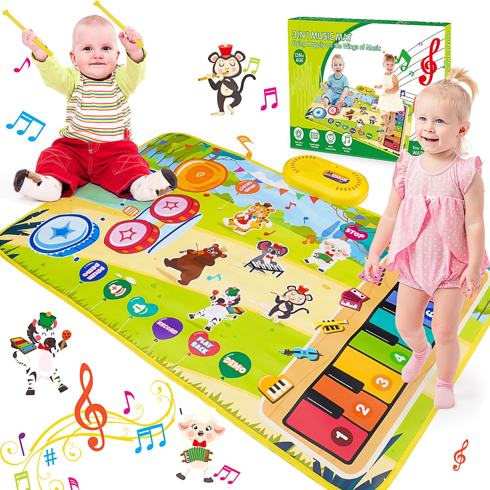 HappyGoLucky Musical Toys for 1 2 Year Old Boys, 3 in 1 Animal Piano Drum Mat with 19 Sound & Recording Function Toys 1 2 Year Old Boy Gifts, 1st Birthday Gifts for Boys Christmas Xmas Gifts for Kids