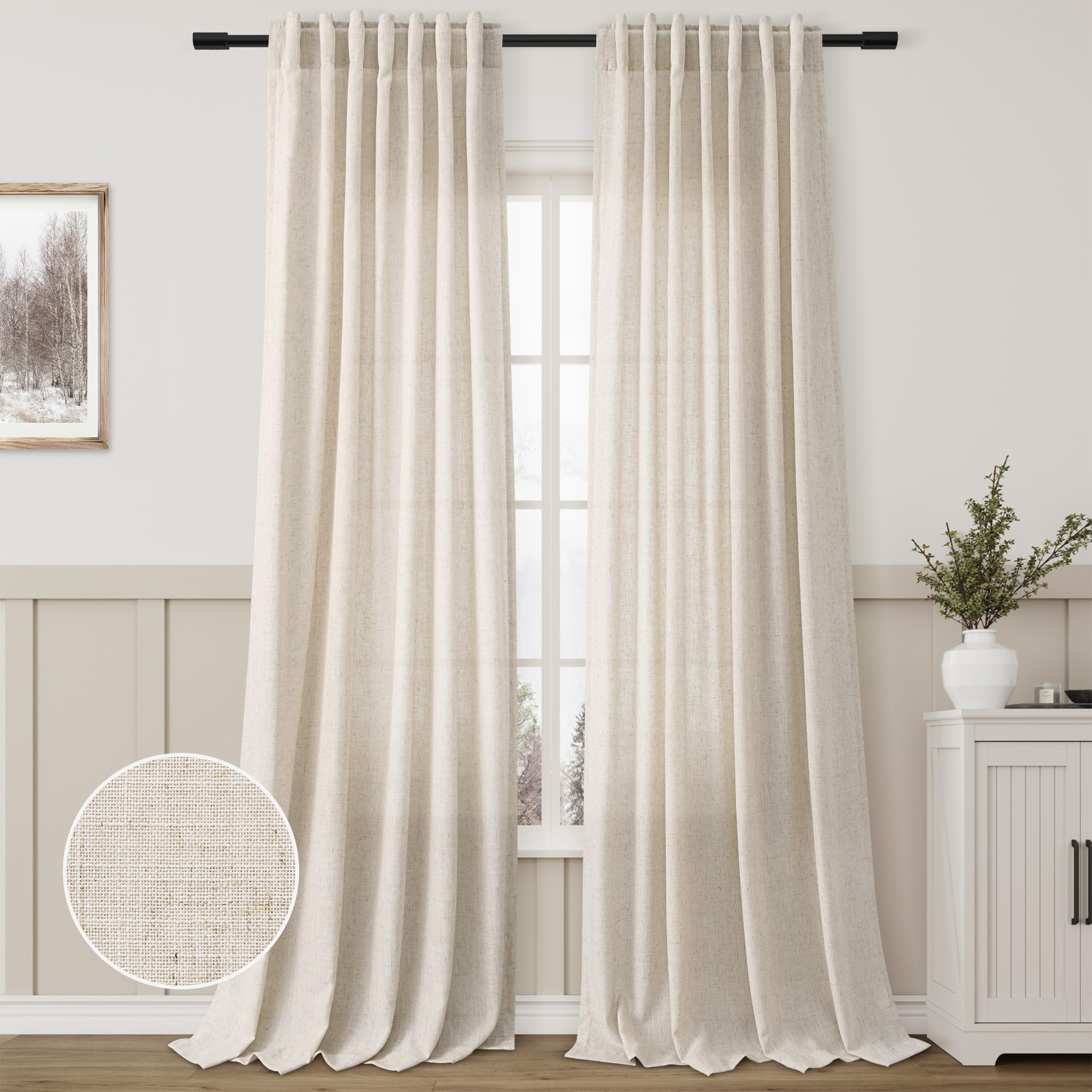 Photo 1 of Aersas Beige Linen Blend Curtains 95 Inch Length 2 Panel Set for Living Room Dining Sunlight Filtering Sheer Privacy Faux Linen Drapes Vintage Farmhouse Back Tab Oatmeal Tan Long Curtains 95 Inches