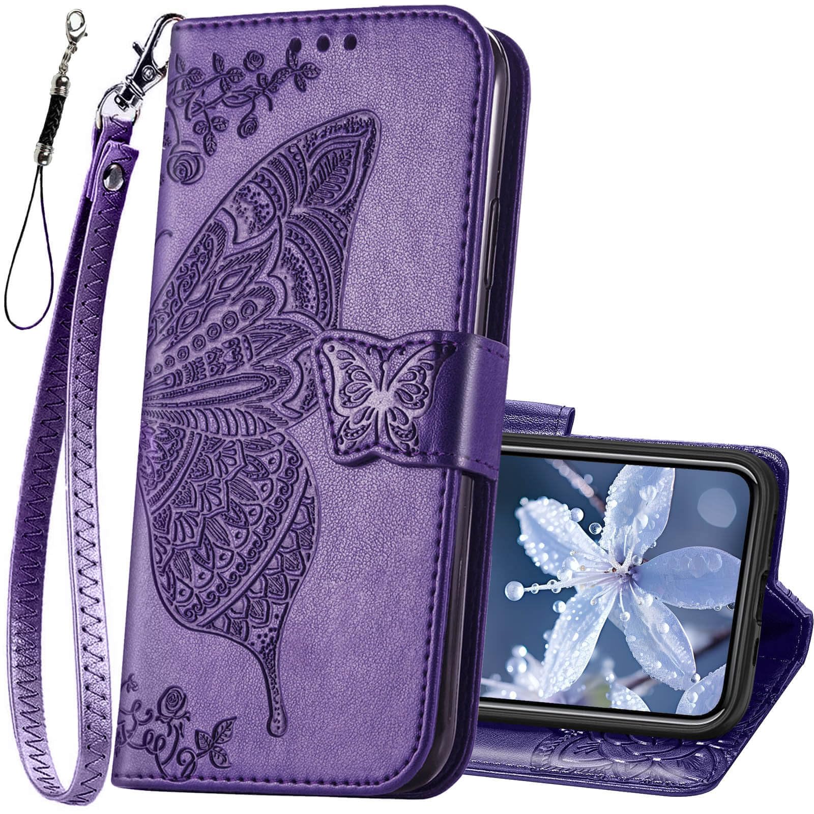 KRHGEIK for iPhone 12 Pro/iPhone 12 Wallet Case,Women Flip Folio Cover with Butterfly Embossed PU Leather Kickstand Credit Card Holder Slots Wrist Strap for iPhone 12/12 Pro 6.1 inch (Purple)