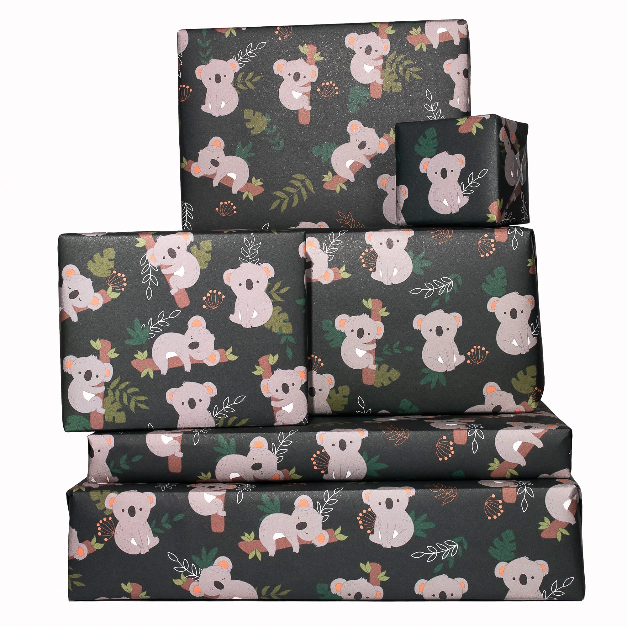 Trendy Wrapping Paper for Women - Green Plants and Koala - 6 Gift Wrap Sheets - For Birthday, Christening, Valentine's Day - For Her Girls Kids - 21st 18th - Recyclable - By Central 23