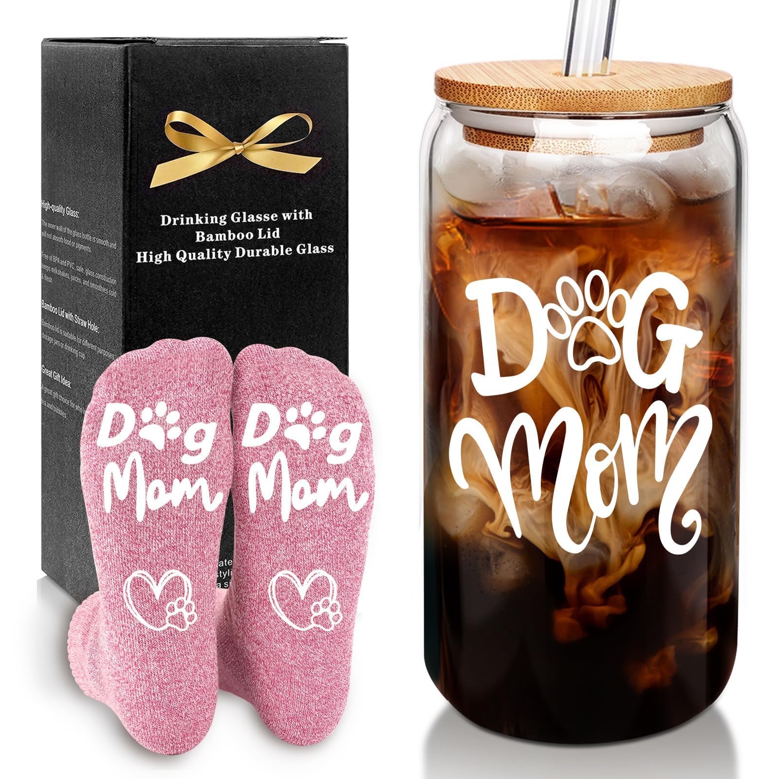 Mason Life Gift for Dog Lover Women, Glass Cup and Sock for Dog Mom, Can Shaped Cups, 18oz Drinking Glasses with Bamboo Lid and Straw