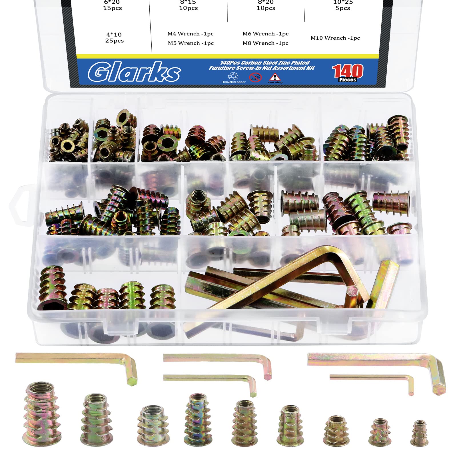 GLARKS G-2462 140Pcs 9 Sizes Metric Threaded Inserts Nuts Assortment Kit Including 135Pcs M4/M5/M6/M8/M10 Hex Drive Furniture Wood Nuts and 5Pcs Hex Wrenches for Wood Furniture,Yellow