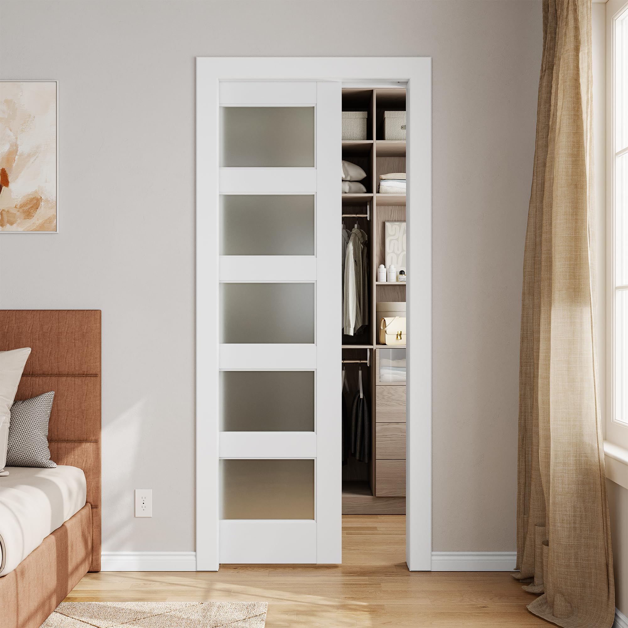 Photo 1 of Sliding Pocket Door 30" x 80", 5-Panel Frosted Glass Panel with Soft Close Pocket Door Frame Kit, Interior & Closet Pre-Assembled Door Slab, White Primed