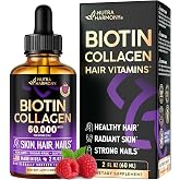 Liquid Biotin &amp; Collagen 60,000mcg - Biotin for Hair Growth Support - 2 Oz | Liquid Collagen Supplement &amp; Biotin - Extra Strength Drops for Women &amp; Men - Strong Nails &amp; Healthy Skin - Raspberry Flavor