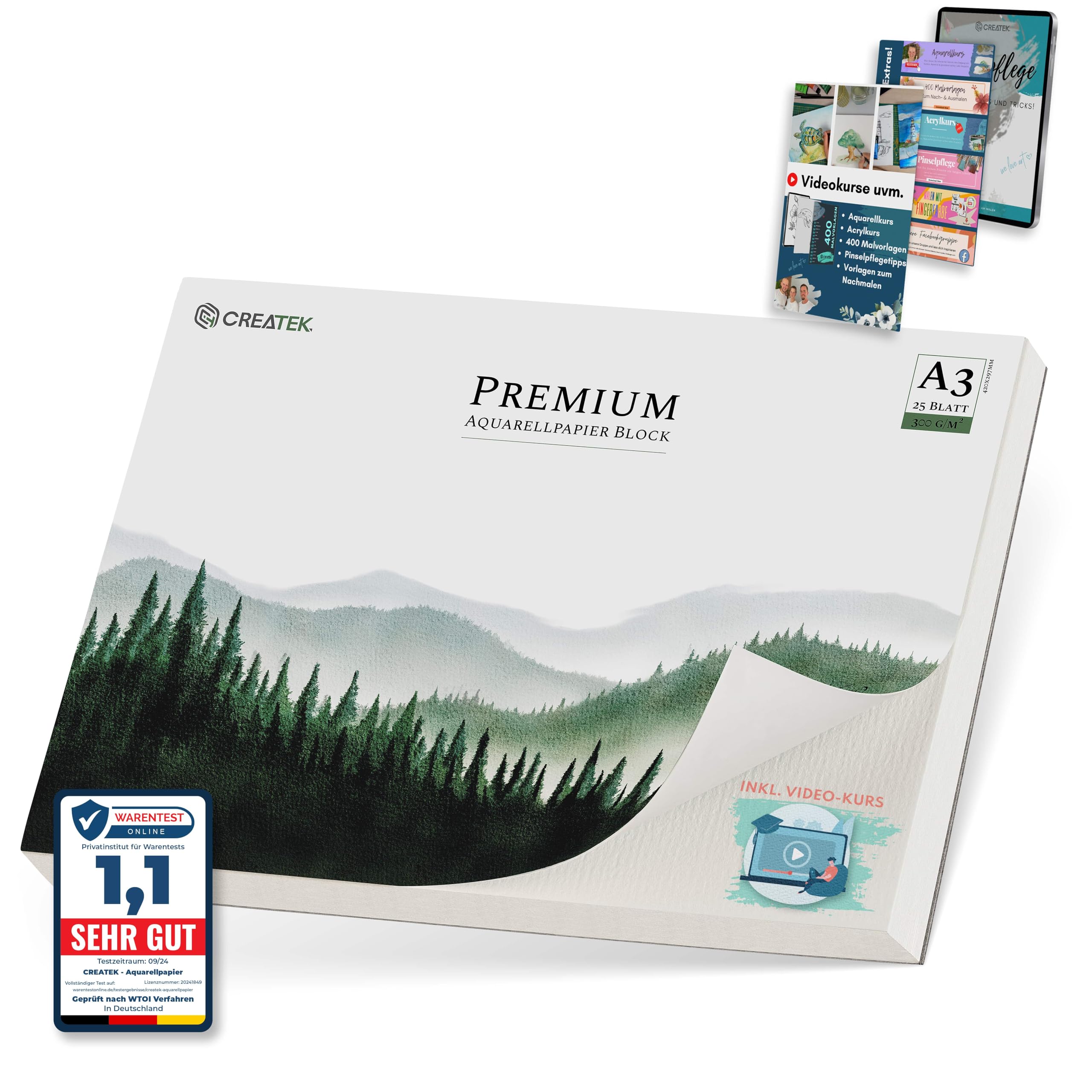 CreaTek Watercolour Paper A3 300g - 25 Sheets [Incl. 2 hrs Video Training] Unique Set + 400 Colouring Templates - Perfect for Beginners, Children - Drawing Pad