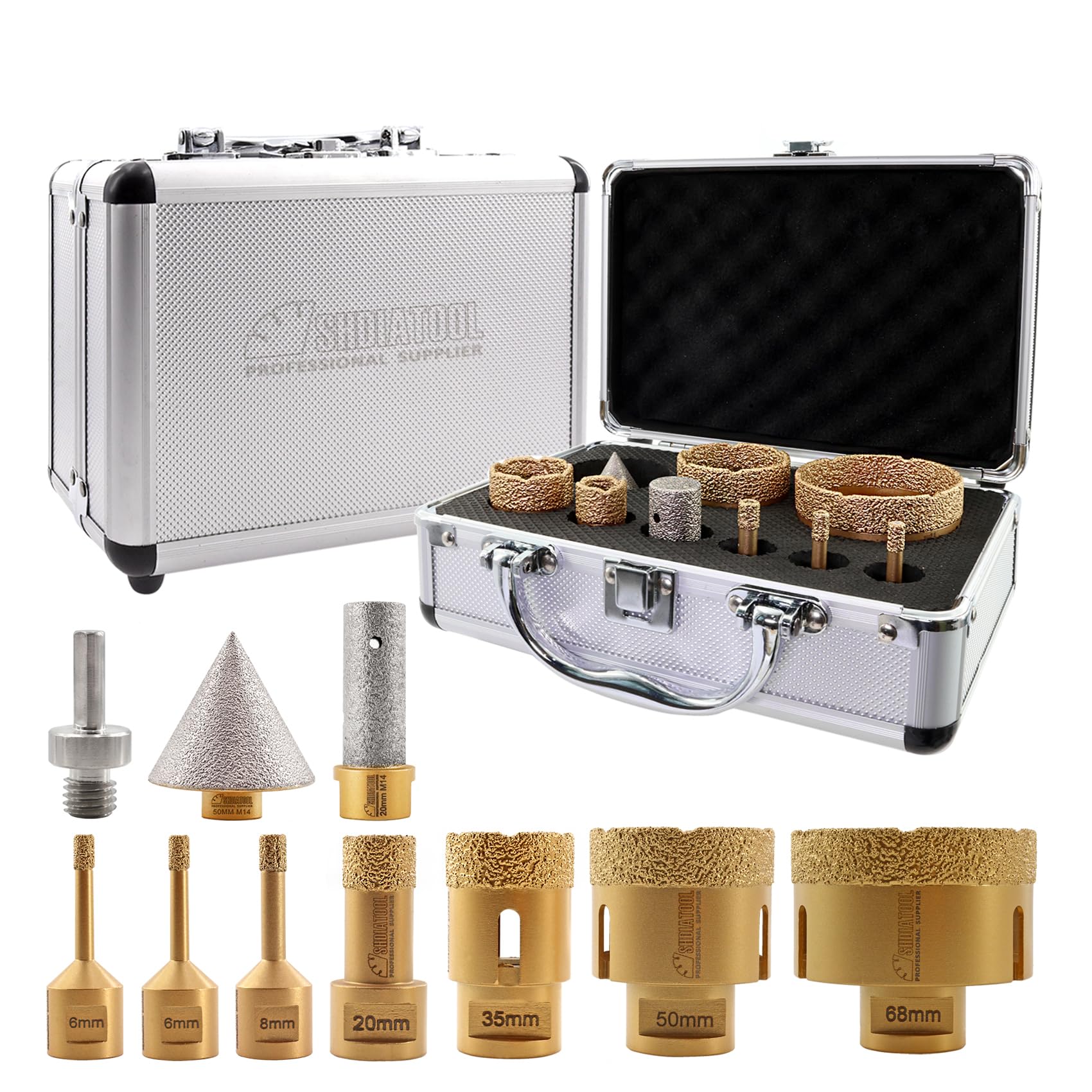 SHDIATOOL Diamond Core Drill Bits M14 Thread 6/6/8/20/35/50/68/20MM Finger Bits/50mm Chamfer Bits Vacuum Brazed for Porcelain, Ceramic, Granite, Marble