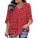 Siddhe Womens Plus Size Tops 3/4 Sleeves Chiffon Blouses Dressy Casual Fall V Neck Loose Fit Double Layers Shirts(XL-5XL)