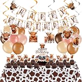 Hollowfly Highland Cow Birthday Party Decorations Boho Cow Party Supplies | Retro Floral Birthday Banner Hanging Swirls Cattle Cake Toppers Balloons Tablecloth for Girls Boys