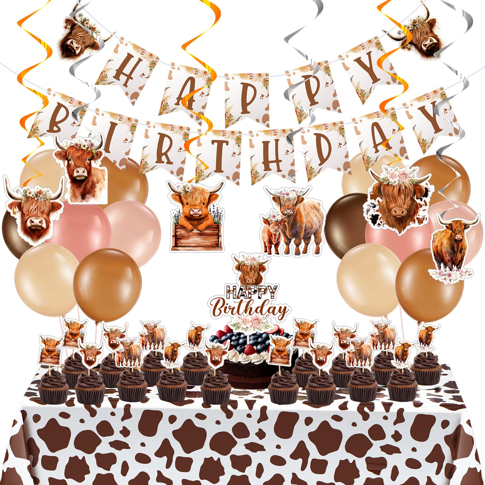 Photo 1 of Hollowfly Highland Cow Birthday Party Decorations Cute Boho Cow Party Supplies with Retro Floral Birthday Banner Hanging Swirls Cattle Cake Toppers Balloons Tablecloth for Girls Boys