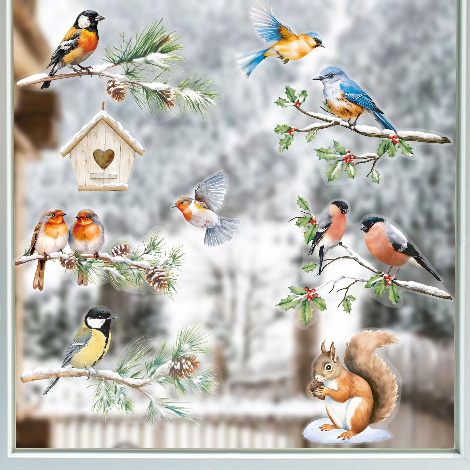 Robin Winter Window Stickers Christmas Snow Bird Window Clings Double-Sided for Spring Seasonal Decoration（6 Sheets）