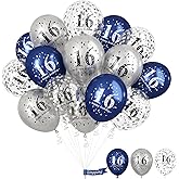 16th Birthday Decorations Boys, Pack of 15 Happy 16th Birthday Balloons Latex Helium Navy Blue Silver Confetti Balloons for Age Sixteen 16 Years Old Birthday Party Decorations Celebration Supplies