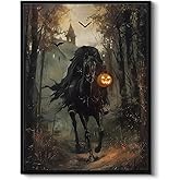 Vintage Halloween Spooky Headless Horseman Framed Wall Art, Gothic Haunted Forest Scene Black Frame 12x16 Canvas Print, Creepy Pumpkin Lantern Rider Artwork Home Room Decor