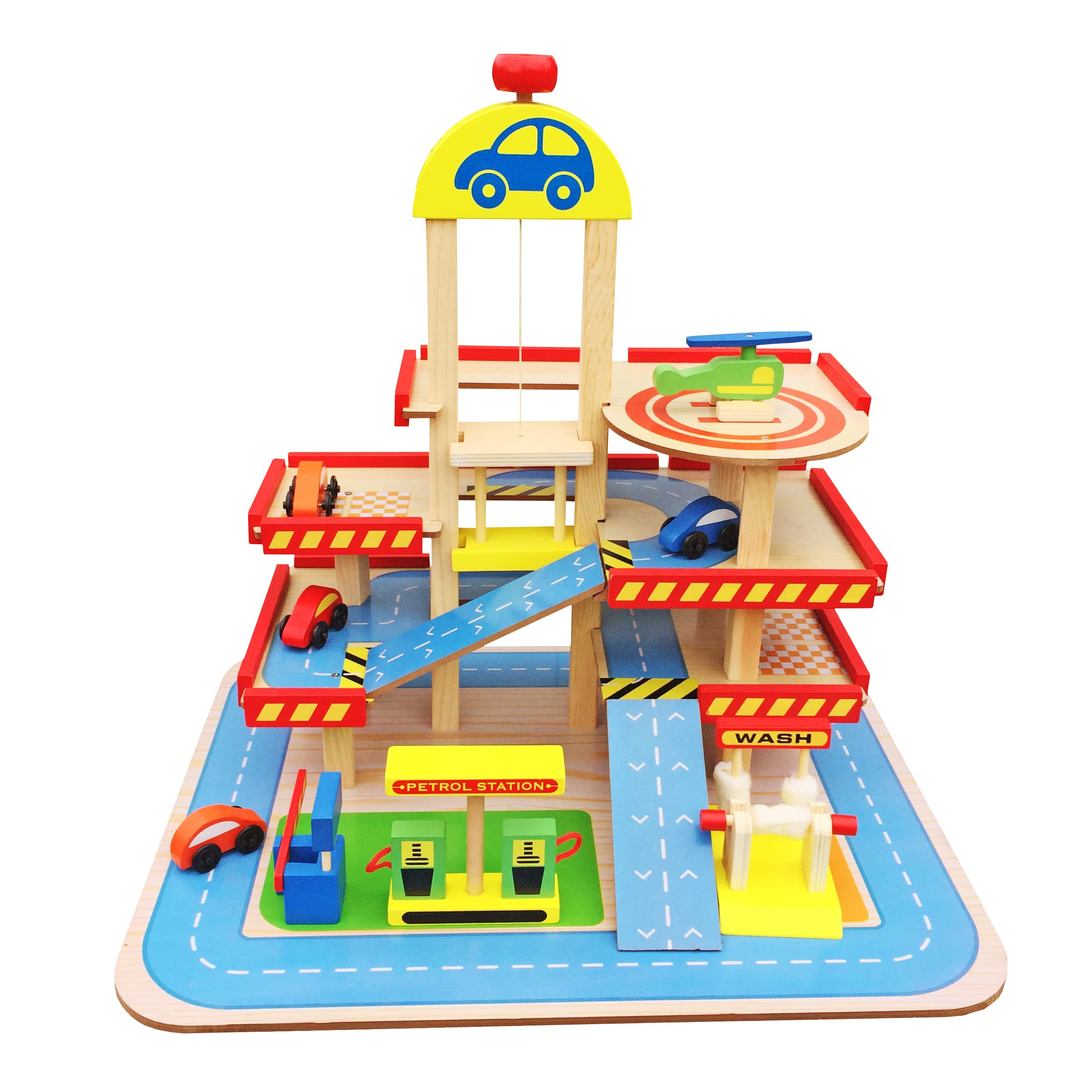 Balinco PARKING HOUSE FOR CHILDREN, parking garage with 3 floors, lift, ticket office, car wash, petrol station, 4 cars, helicopter - wooden toys from 3 years old