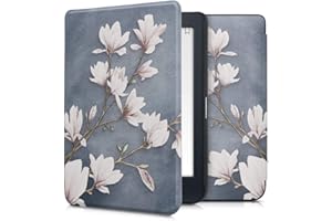 kwmobile Case Compatible with Kobo Nia Case - eReader Cover - Magnolias Taupe/White/Blue Grey