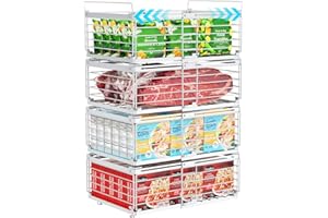 iSPECLE Freezer Organizer Bins - Fit 10 to 20 Cu.FT Deep Freezer, 4 Pack Large Expandable Stackable Chest Freezer Organizer Sort Frozen Food and Easily Get with Handle, Improve Air Circulation, White