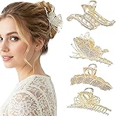 4Pcs Large Metal Hair Claw Clips with Rhinestones & Pearls, Non-Slip Waves-butterflies-leaves-bowknot Hair Clips for Thin and Thick Hair, Gold Sparkly Strong Hold Hair Claws for Women