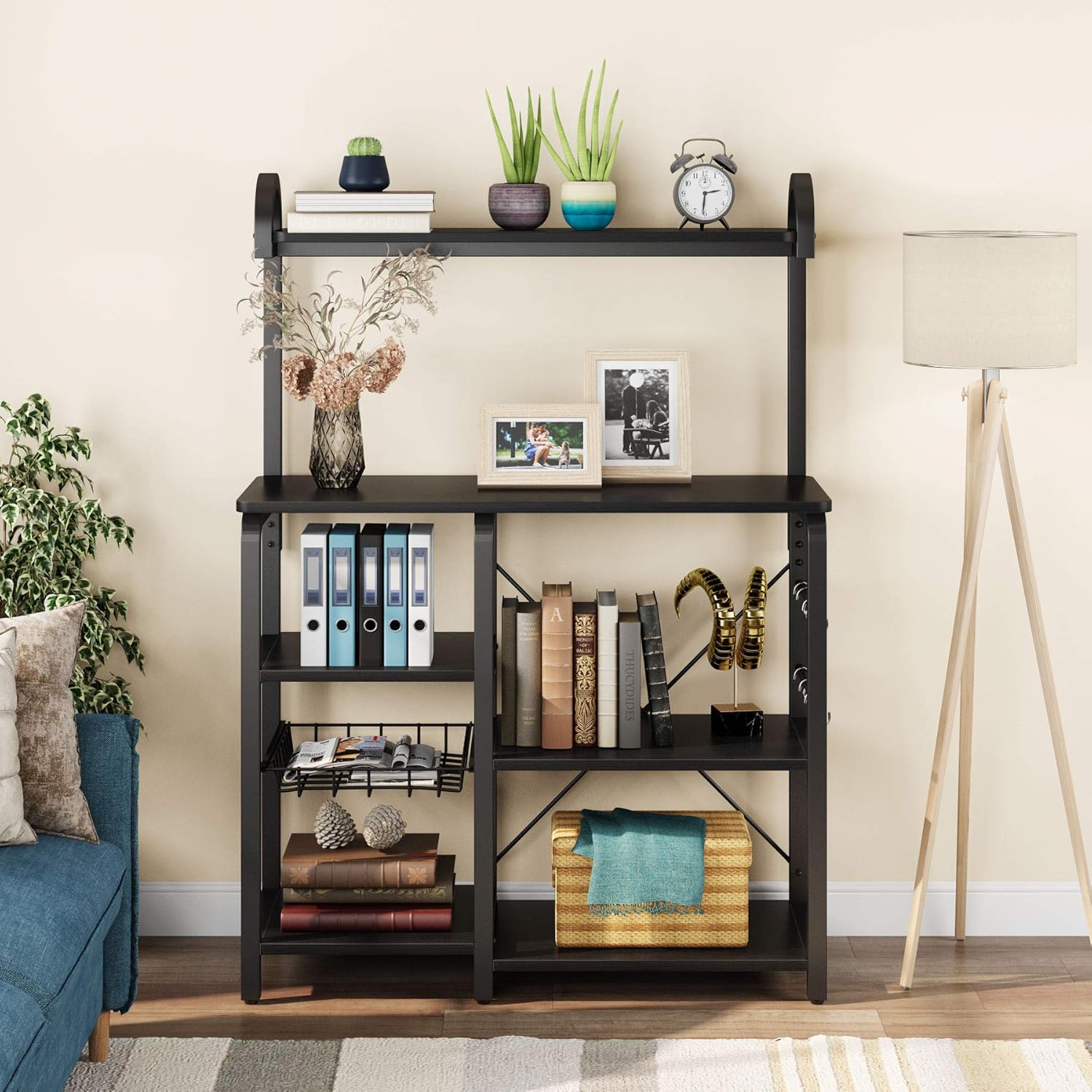 Tribesigns 35.5 inches Kitchen Baker’s Rack Microwave Oven Stand, Industrial Kitchen Cart Utility Storage Shelf Organizer Coffee Bar with Wire Basket and 6 Hooks (Black) - Standing Baker's Racks