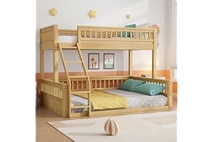 PVWIIK Twin XL Over Queen Bunk Bed with Ladder for Kids Bedroom,Wood Bed Frame with Guardrails,Large Space Under Bed,Space Saving Design & No Box Spring Needed,Natural