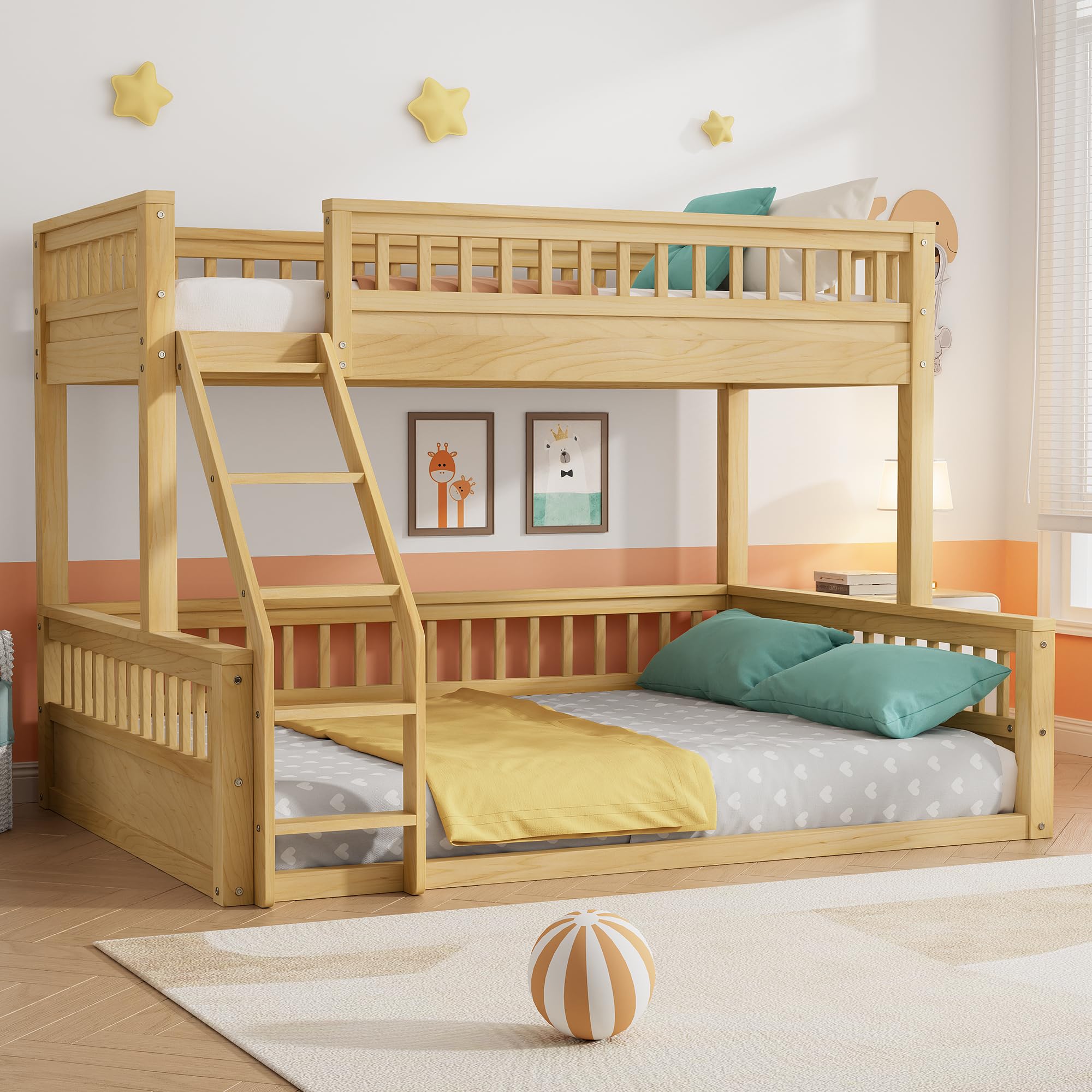 Photo 1 of PVWIIK Twin XL Over Queen Bunk Bed with Ladder for Kids Bedroom,Wood Bed Frame with Guardrails,Large Space Under Bed,Space Saving Design & No Box Spring Needed,Natural