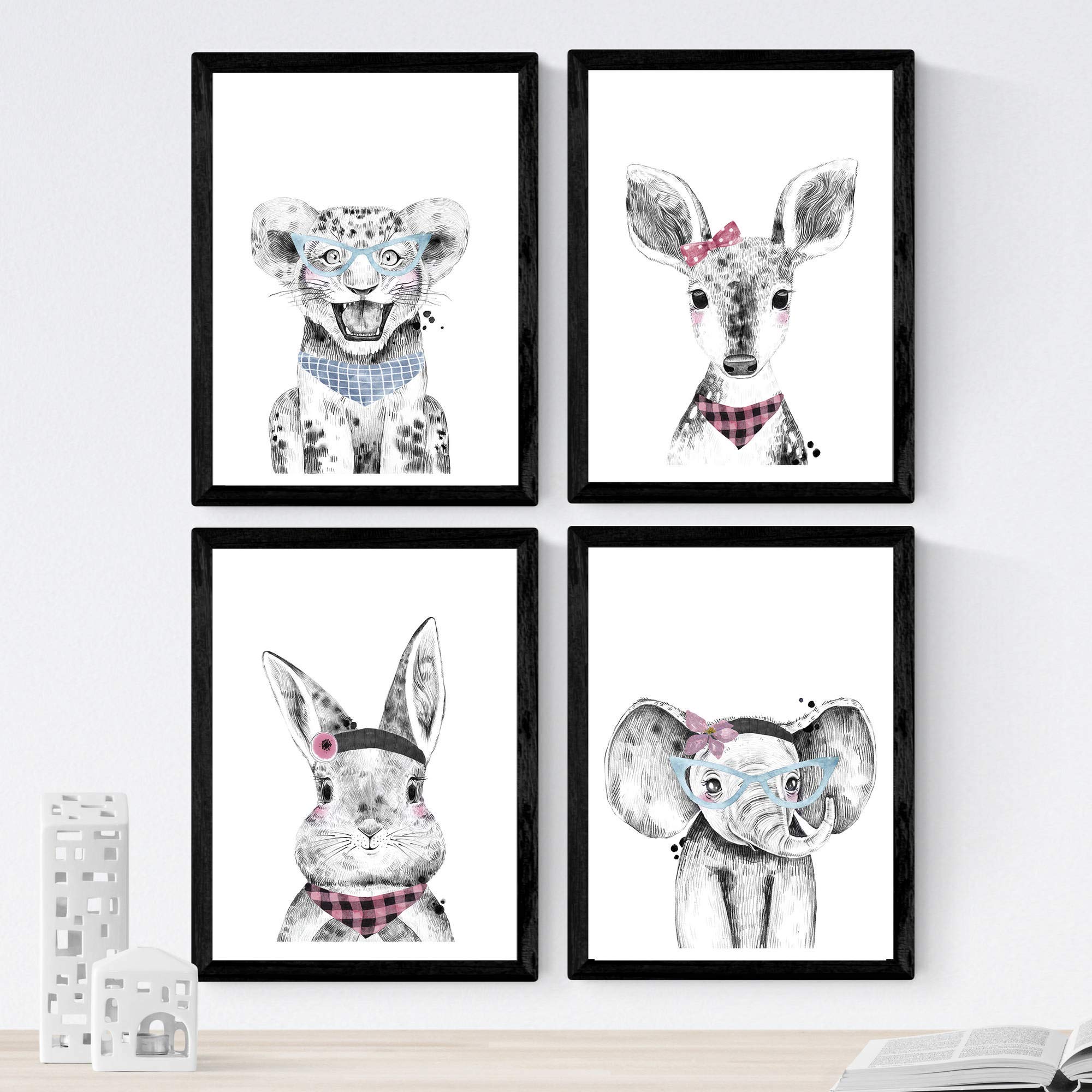 Nacnic Set of 4 sheets of Animals Children's glasses and flowers in A4 size, Poster paper 250 gr Frameless