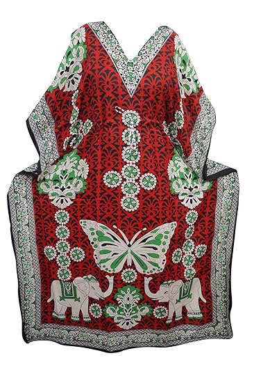 Mogul Womens Kaftan Elephant and Butterfly Print Drawstring Kaftan (Red-1)