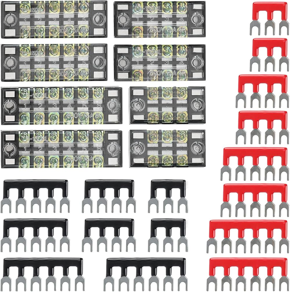 Knpwer 24Pcs Terminal Block Strip Kit 600V 15A Dual Row Screw Barrier Jumper