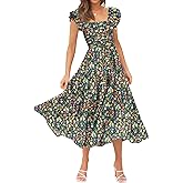 DOROSE Women's Summer Floral Dress Square Neck Smocked Boho Midi Dress Ruffle Tie Back Flowy Beach Long Tiered Dress