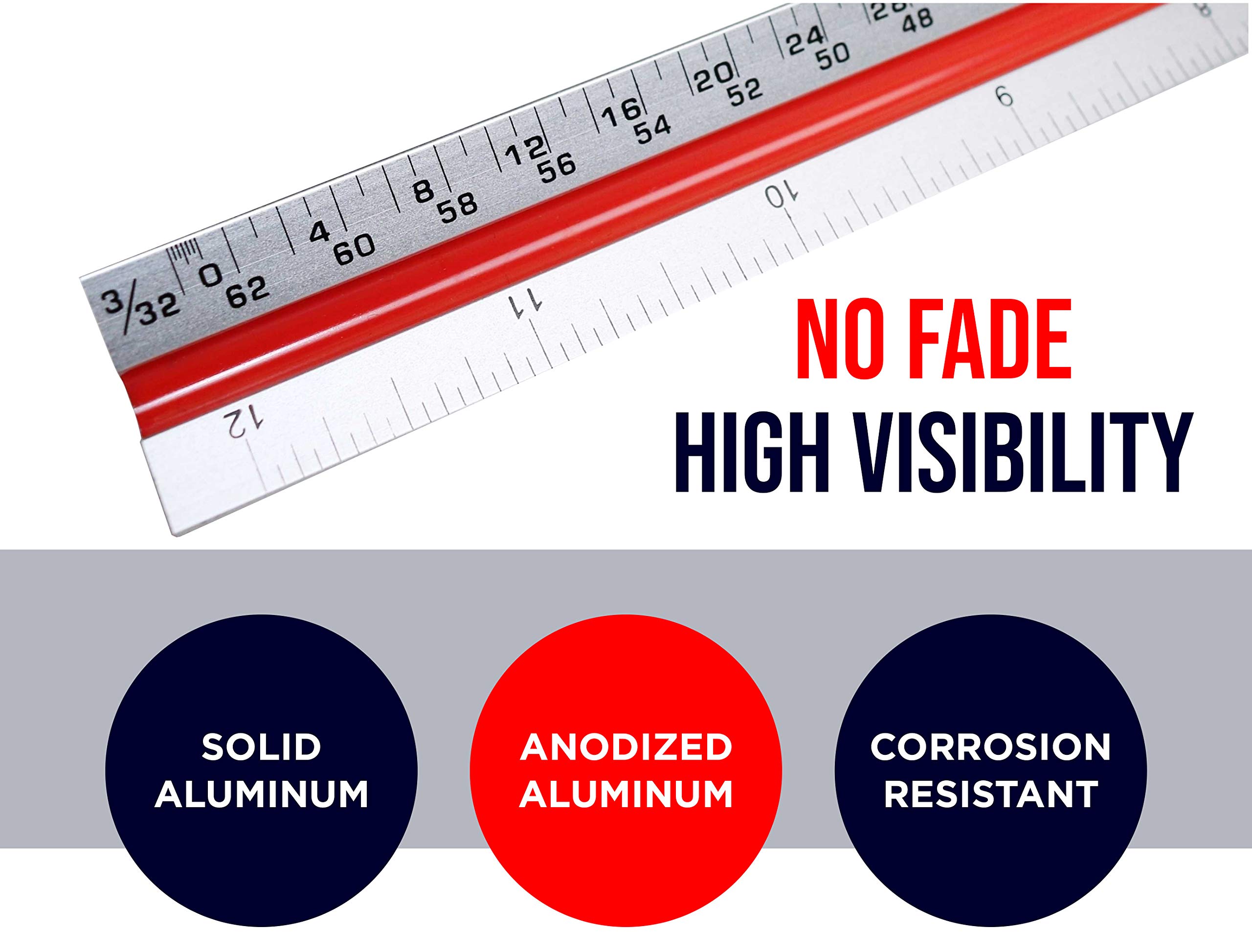 RAM Solutions Architect Scale Ruler 12\'\' (Professional Grade Aluminum) Triangular Tool with Colored Grooves for Easy Reference - Imperial Measurements