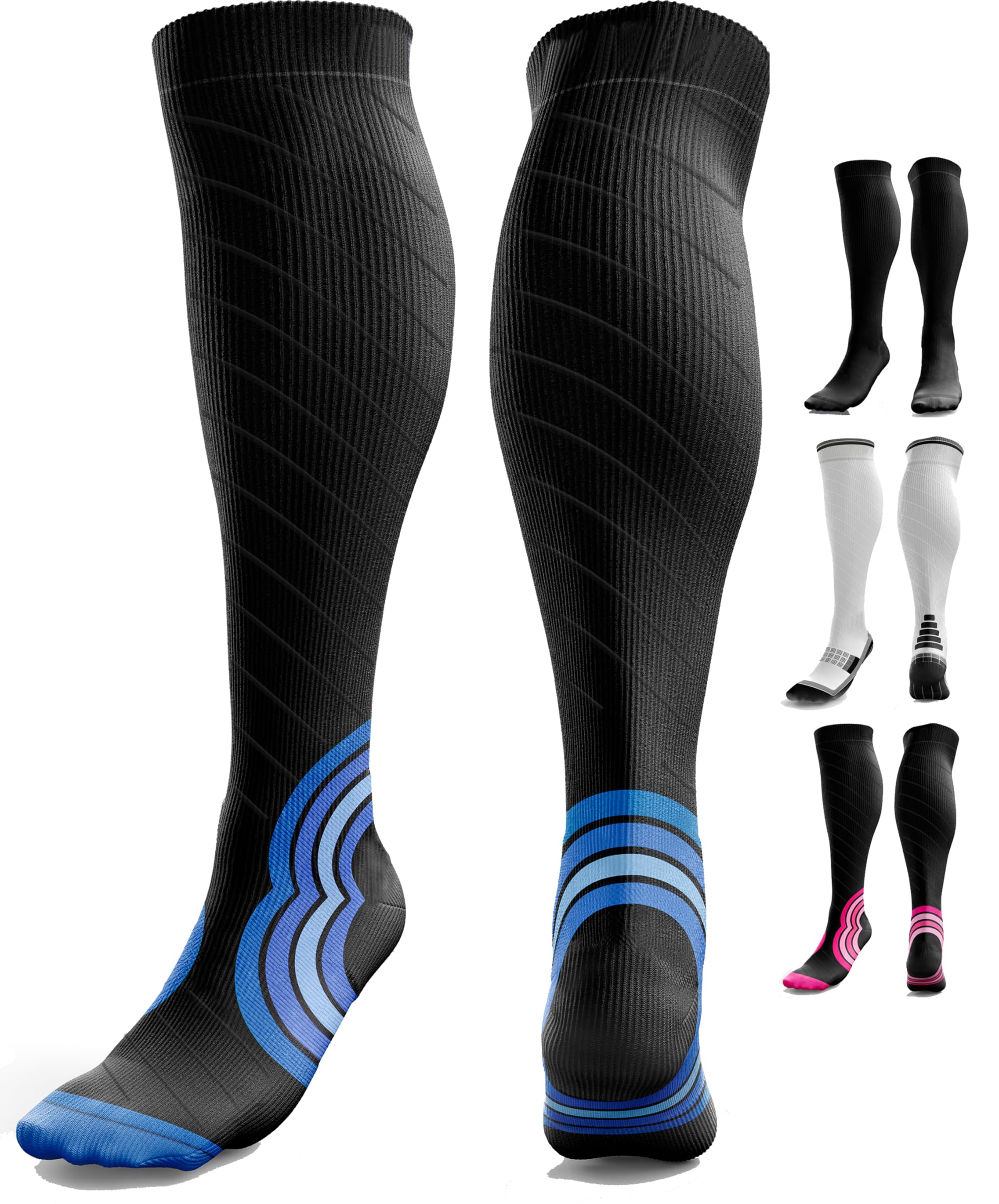 Compression Socks for Women & Men (20-30 mmHg) Knee-High Flight Socks, Graduated Ankle and Calf Support for Travel, Running - Seamless Toe, Padded Heel and Sole (Black w Blue L/XL)
