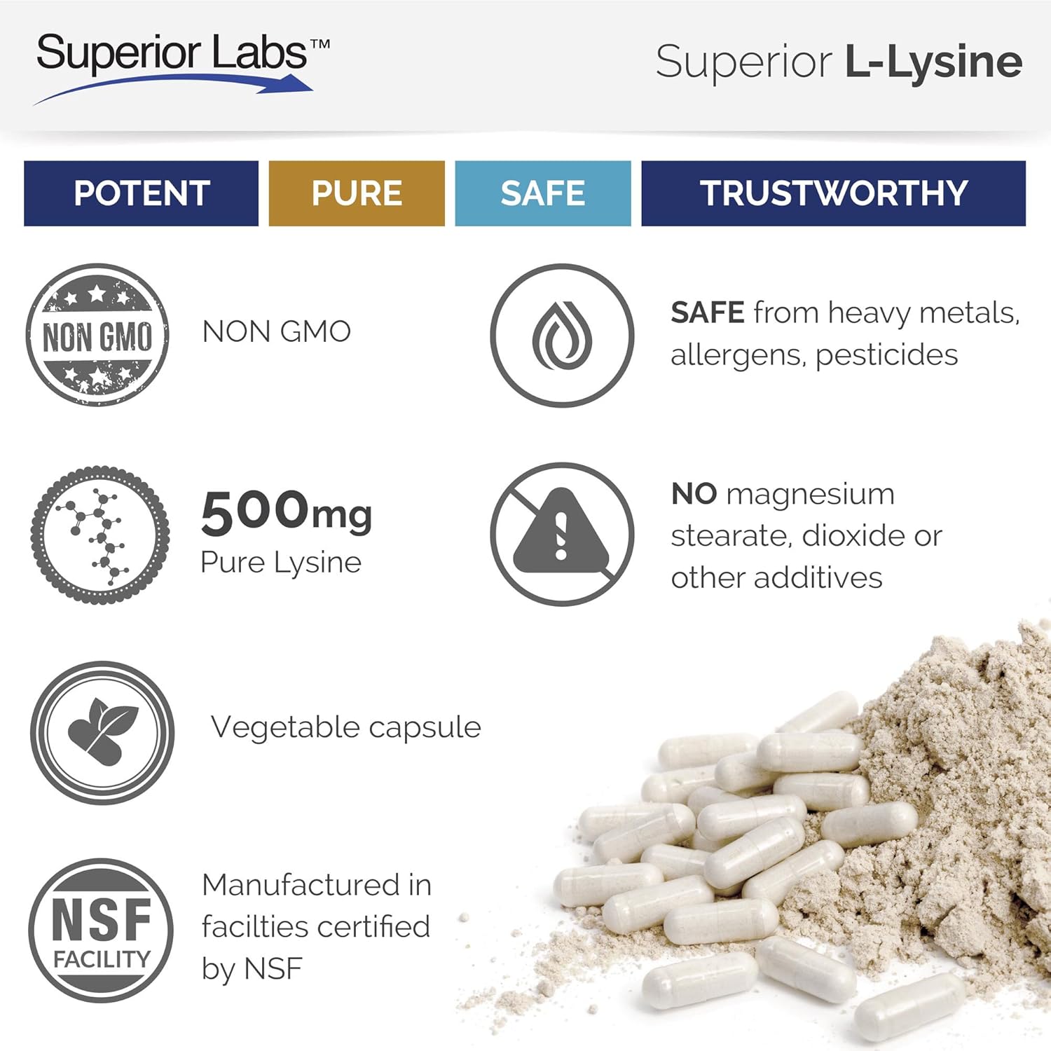 Superior Labs – Best L-Lysine NonGMO - Dietary Supplement –500 mg Pure Active L-Lysine – 120 Vegetable Capsules – Supports Calcium Absorption – Immune System & Respiratory Health Support: Health & Personal Care