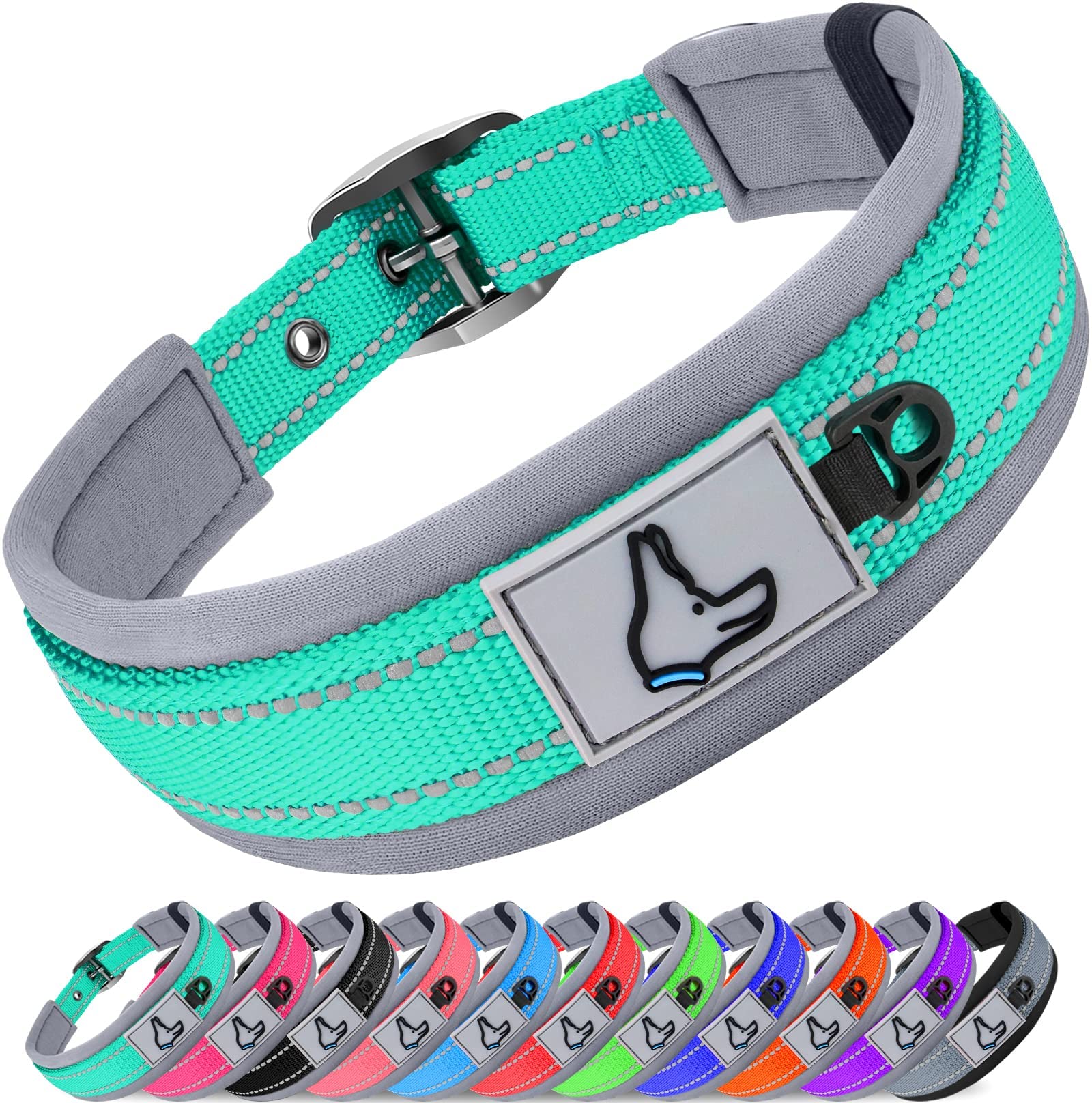 Joytale Reflective Dog Collar Extra Large Dogs | Ultra Comfy Soft Neoprene Padded | Heavy Duty Metal Belt Buckle, Teal