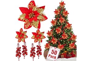 trytuny 50pcs Glitter Poinsettia Christmas Ornaments, Artificial Flowers with Clips Stems for DIY Wreath Making, Holiday Home Party Decorations, Indoor Use (Red)