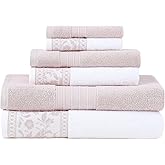 Modern Threads Allie 6-Piece 100% Cotton Towel Set – Jacquard Floral Border – Includes 2 Bath Towels, 2 Hand Towels, 2 Washcloths – Absorbent, Quick Dry, Soft & Durable – Blush Pink