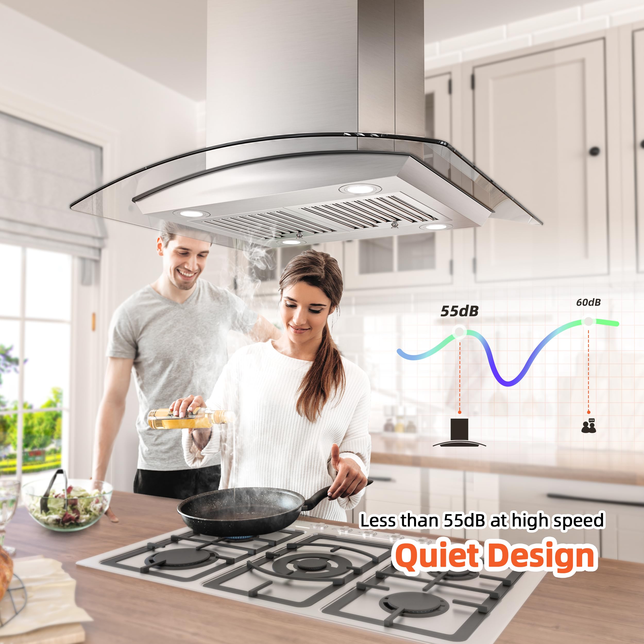 FIREGAS Island Range Hood 30 inch with 700 CFM, Ceiling Mount Kitchen Vent Hood Ducted/Ductless Convertible, Stainless steel stove hood with 3 speed fan, 4 lights, Tempered Glasss, Charcoal Filters