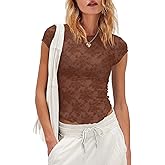 ReachMe Short Sleeve Mesh Top Women Sheer Lace Tops Cap Sleeve See Through Tops Summer Sexy Fitted Slim Fit Shirts